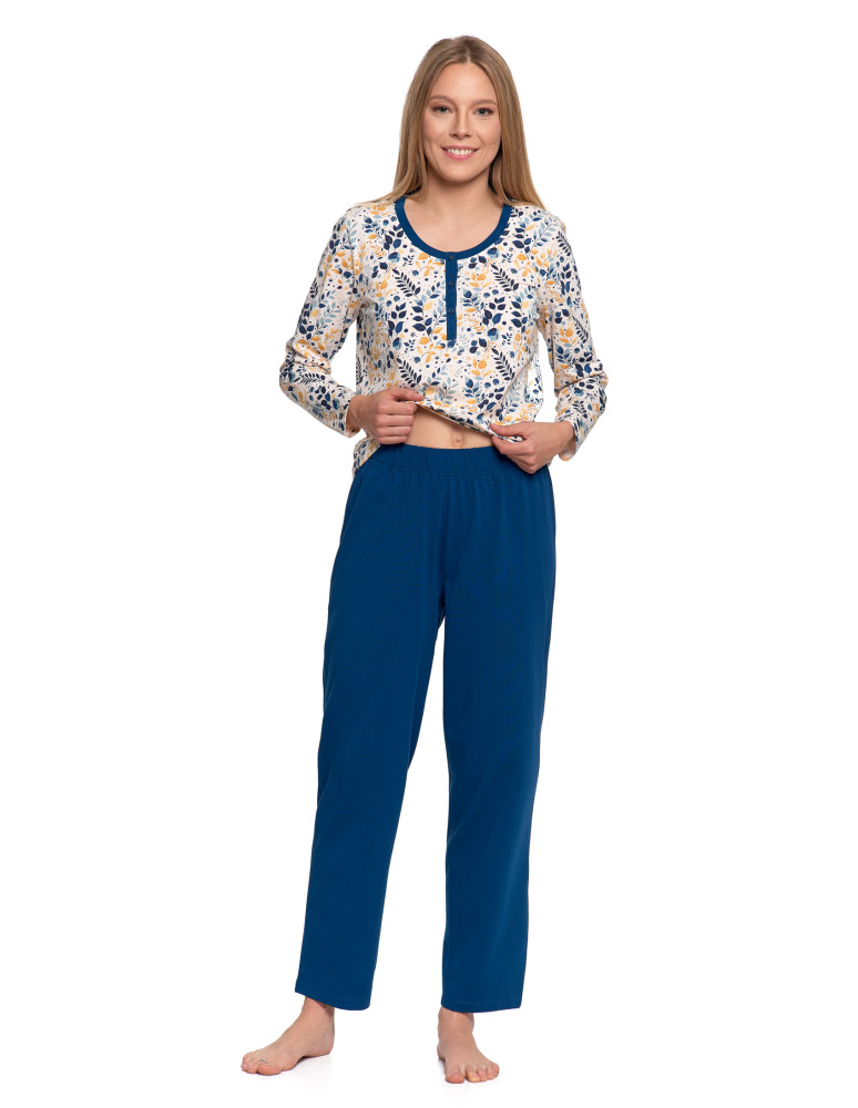 Długi rękaw - Piżama damska bawełniana z długim rękawem rozpinana GRANATOWY - produkt moraj.pl 4