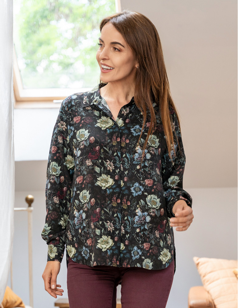 Koszula damska z wiskozy z krytą plisą CZARNY