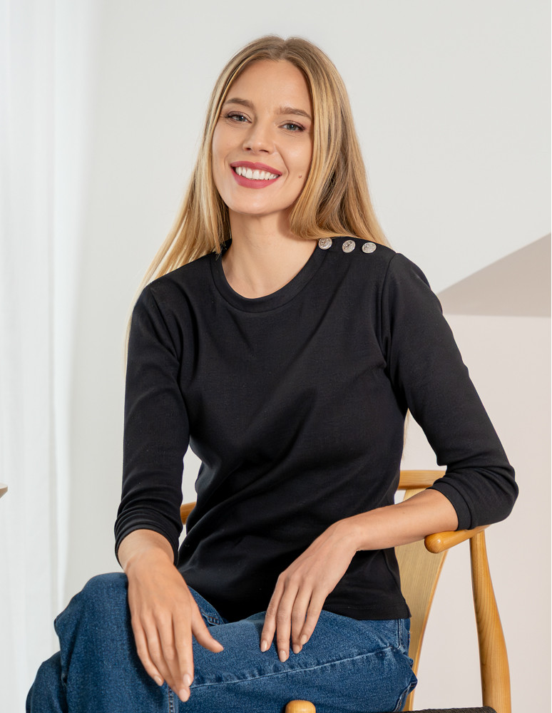 Bluzki i koszule - Bluzka damska bawełniana z rękawem 3/4 i guzikami CZARNY - produkt moraj.pl 1