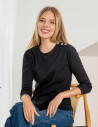 Bluzka damska bawełniana z rękawem 3/4 i guzikami CZARNY