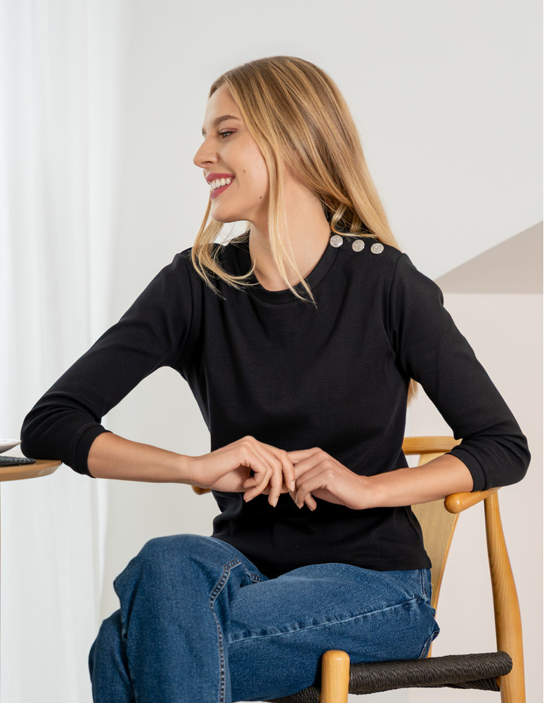 Bluzki i koszule - Bluzka damska bawełniana z rękawem 3/4 i guzikami CZARNY - produkt moraj.pl 10