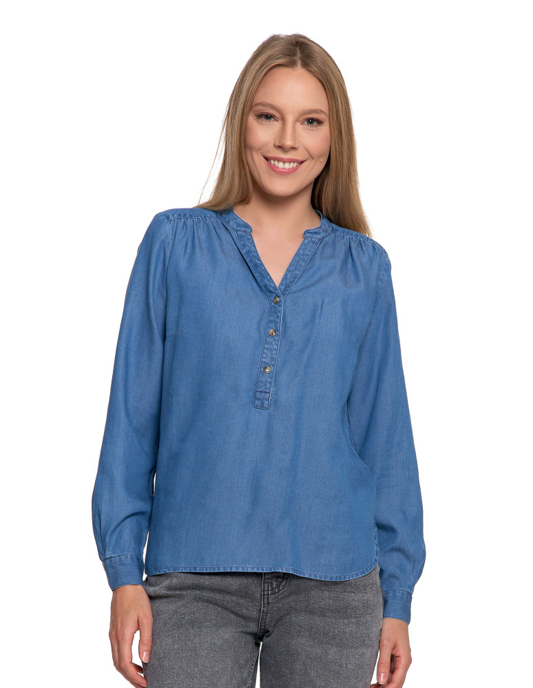 Bluzki i koszule - Damska bluzka luźna z dekoltem V i zapięciem JASNY NIEBIESKI  - produkt moraj.pl 1