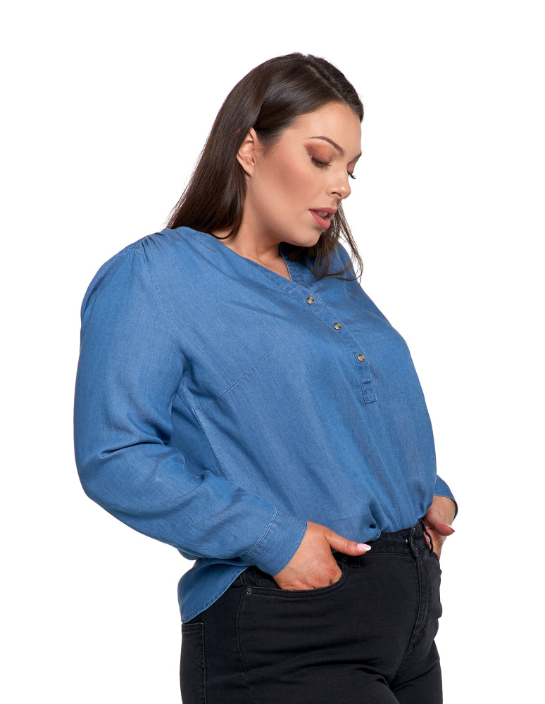 Bluzki i koszule - Damska bluzka luźna z dekoltem V i zapięciem JASNY NIEBIESKI   - produkt moraj.pl 16