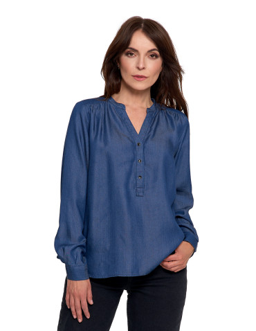 Bluzki i koszule - Damska bluzka luźna z dekoltem V i zapięciem CIEMNY NIEBIESKI - produkt 1