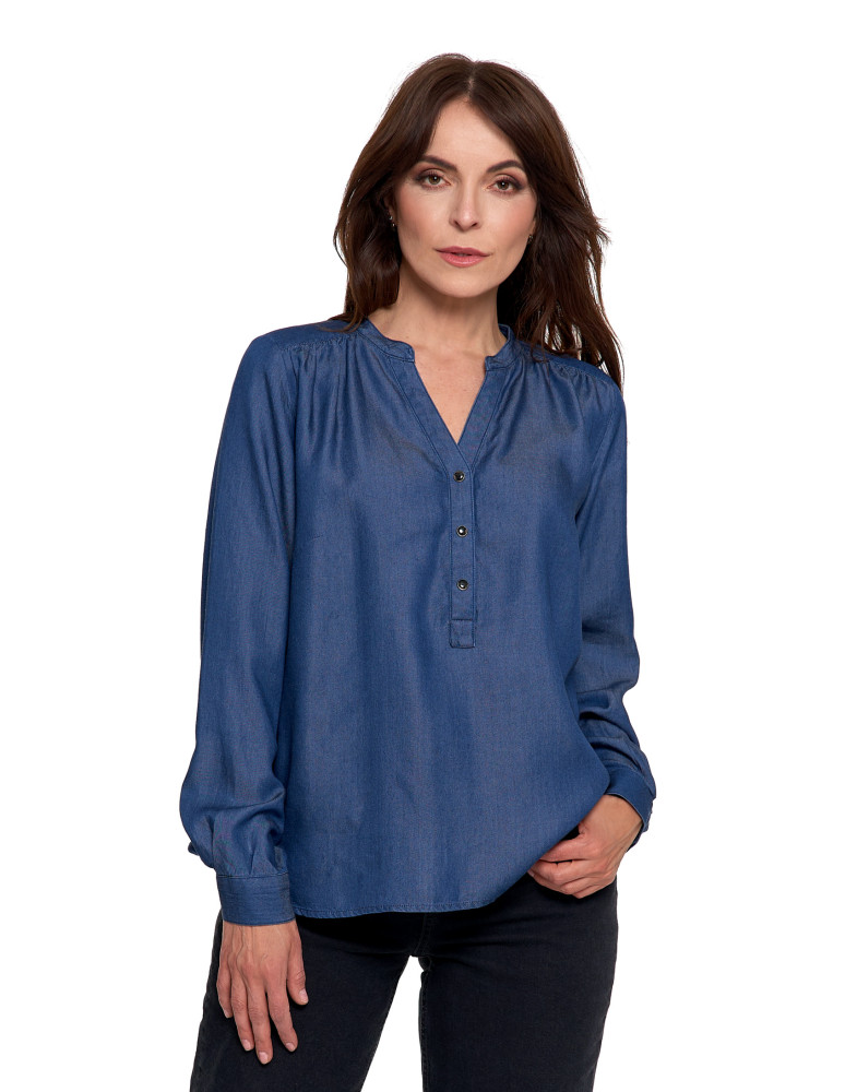 Bluzki i koszule - Damska bluzka luźna z dekoltem V i zapięciem CIEMNY NIEBIESKI - produkt moraj.pl 1