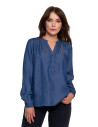 Damska bluzka luźna z dekoltem V i zapięciem CIEMNY NIEBIESKI