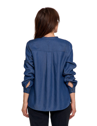 Bluzki i koszule - Damska bluzka luźna z dekoltem V i zapięciem CIEMNY NIEBIESKI - produkt 5