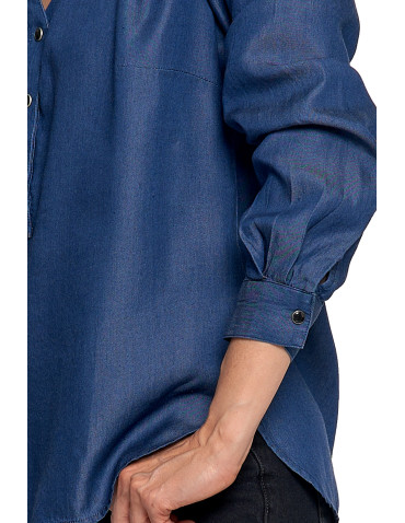 Bluzki i koszule - Damska bluzka luźna z dekoltem V i zapięciem CIEMNY NIEBIESKI - produkt 6