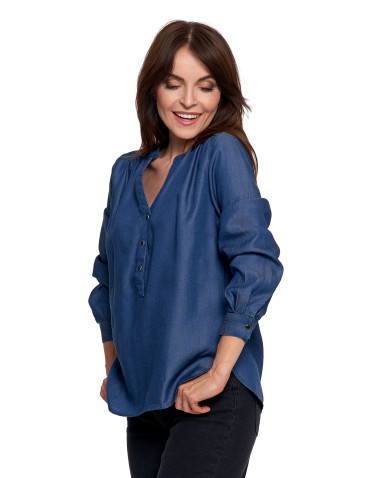 Bluzki i koszule - Damska bluzka luźna z dekoltem V i zapięciem CIEMNY NIEBIESKI - produkt 2