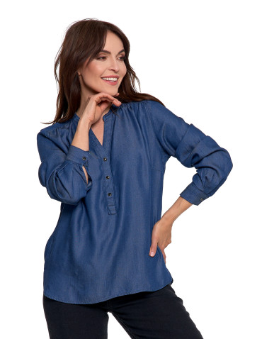 Bluzki i koszule - Damska bluzka luźna z dekoltem V i zapięciem CIEMNY NIEBIESKI - produkt 3