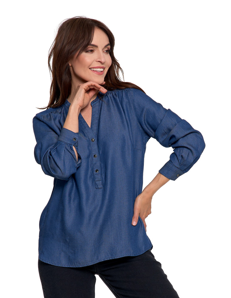 Bluzki i koszule - Damska bluzka luźna z dekoltem V i zapięciem CIEMNY NIEBIESKI  - produkt moraj.pl 3