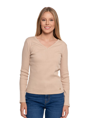 Bluzki i koszule - Bluzka damska bawełniana prążkowana z długim rękawem BEŻOWY - produkt 6