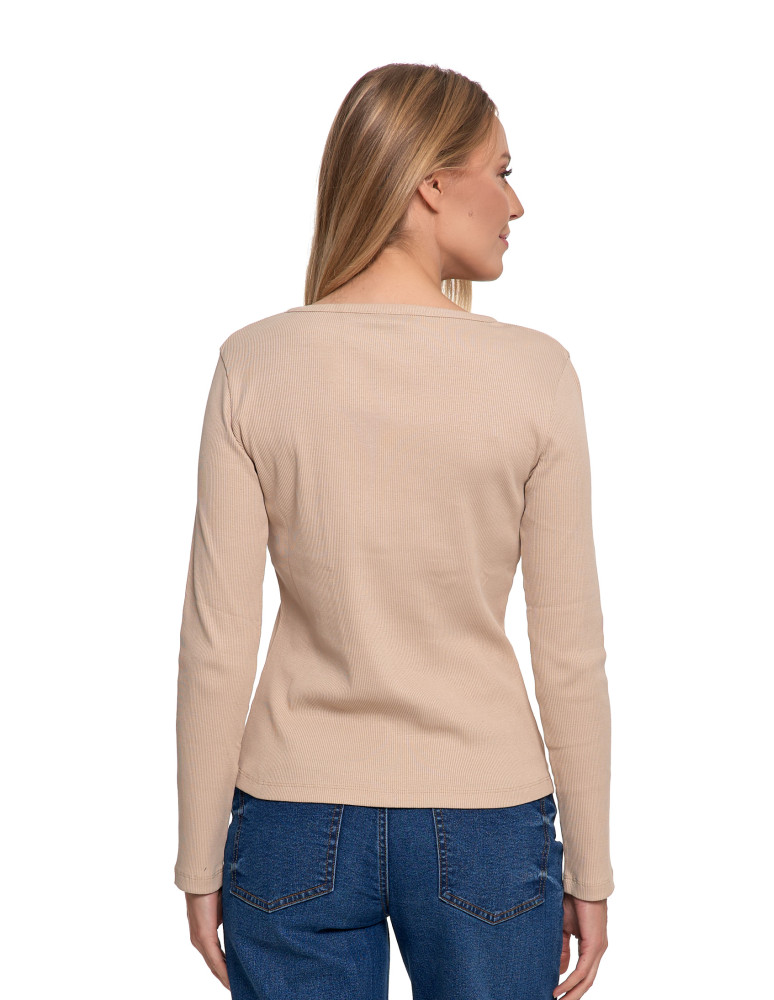 Bluzki i koszule - Bluzka damska bawełniana prążkowana z długim rękawem BEŻOWY  - produkt moraj.pl 7