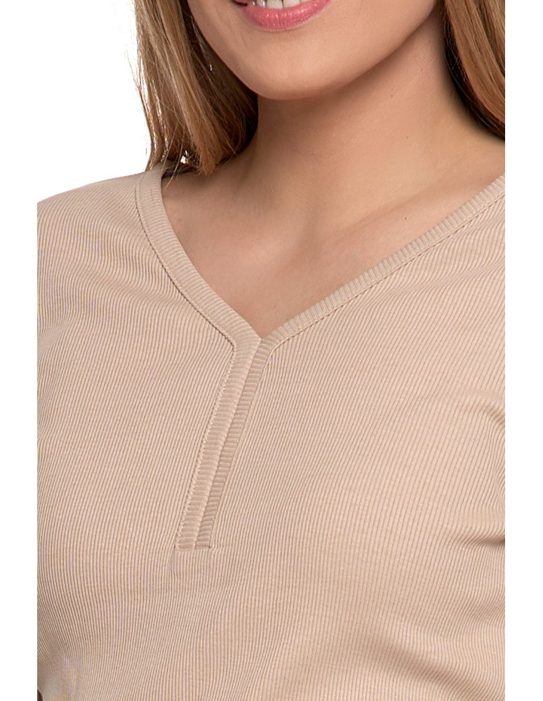 Bluzki i koszule - Bluzka damska bawełniana prążkowana z długim rękawem BEŻOWY  - produkt moraj.pl 2