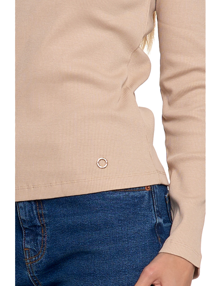 Bluzki i koszule - Bluzka damska bawełniana prążkowana z długim rękawem BEŻOWY  - produkt moraj.pl 8