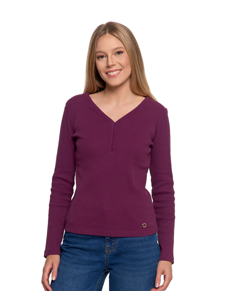 Bluzki i koszule - Bluzka damska bawełniana prążkowana z długim rękawem FIOLETOWY - produkt moraj.pl 1