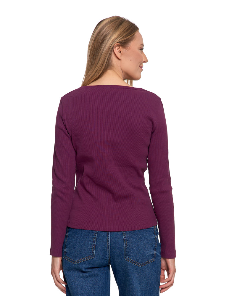 Bluzki i koszule - Bluzka damska bawełniana prążkowana z długim rękawem FIOLETOWY  - produkt moraj.pl 3