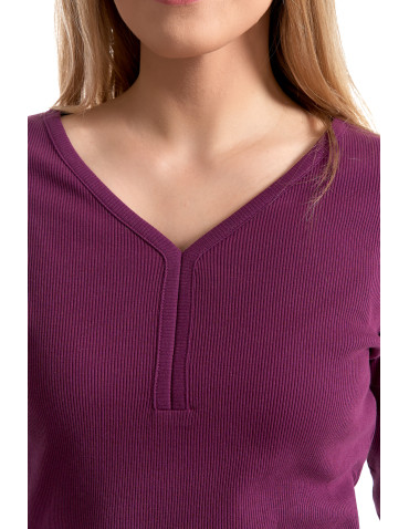 Bluzki i koszule - Bluzka damska bawełniana prążkowana z długim rękawem FIOLETOWY - produkt 2