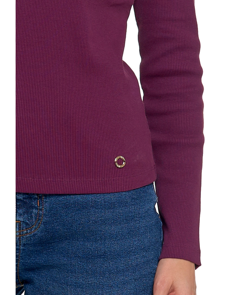 Bluzki i koszule - Bluzka damska bawełniana prążkowana z długim rękawem FIOLETOWY  - produkt moraj.pl 8