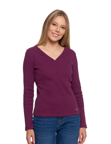 Bluzki i koszule - Bluzka damska bawełniana prążkowana z długim rękawem FIOLETOWY - produkt 9