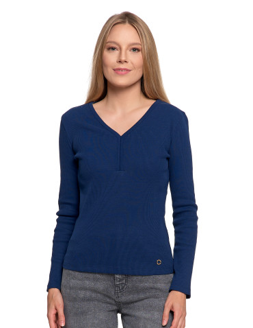 Bluzki i koszule - Bluzka damska bawełniana prążkowana z długim rękawem NIEBIESKI - produkt 1