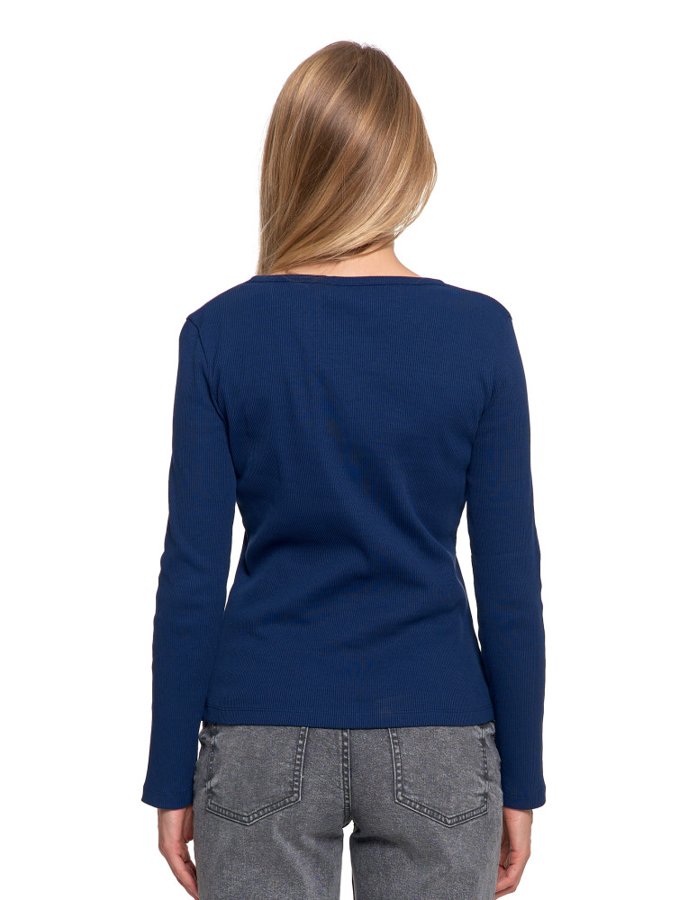 Bluzki i koszule - Bluzka damska bawełniana prążkowana z długim rękawem NIEBIESKI  - produkt moraj.pl 3