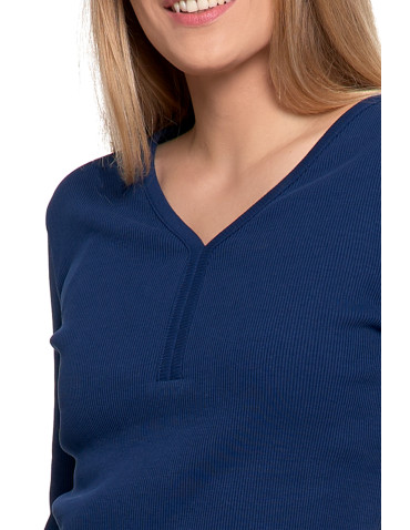 Bluzki i koszule - Bluzka damska bawełniana prążkowana z długim rękawem NIEBIESKI - produkt 2