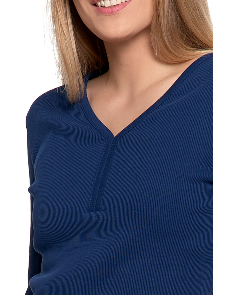 Bluzki i koszule - Bluzka damska bawełniana prążkowana z długim rękawem NIEBIESKI  - produkt moraj.pl 2