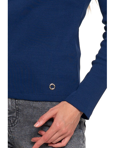 Bluzki i koszule - Bluzka damska bawełniana prążkowana z długim rękawem NIEBIESKI - produkt 4