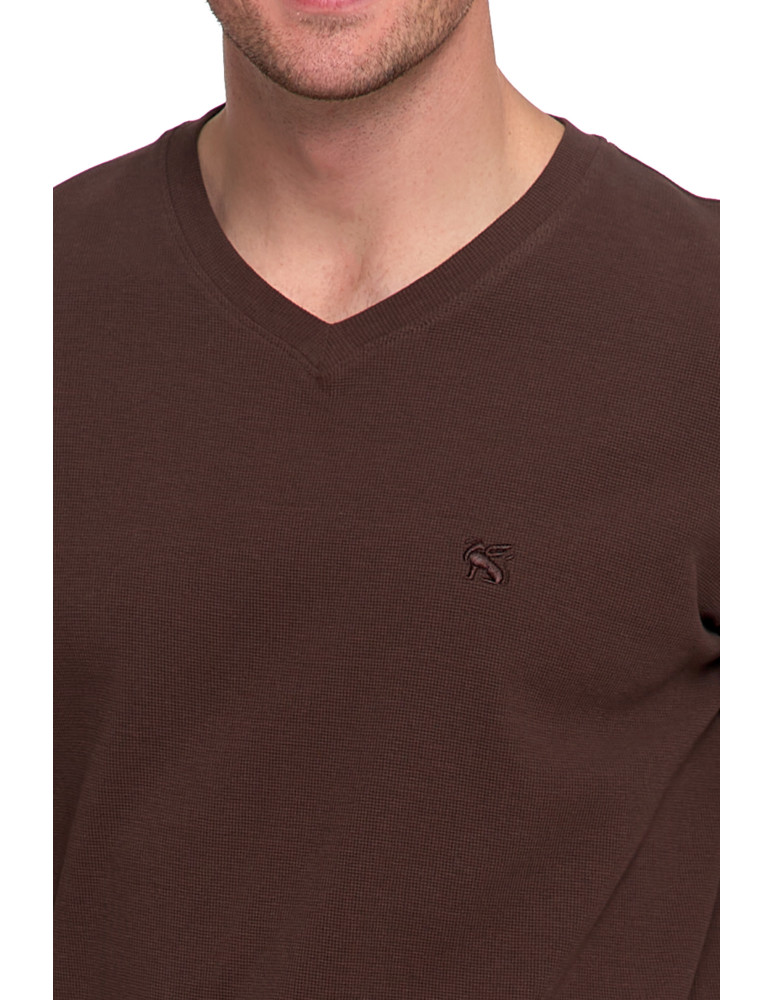 Koszulki, topy, koszule - Koszulka męska longsleeve z dekoltem w serek i haftem BRĄZOWY - produkt moraj.pl 2