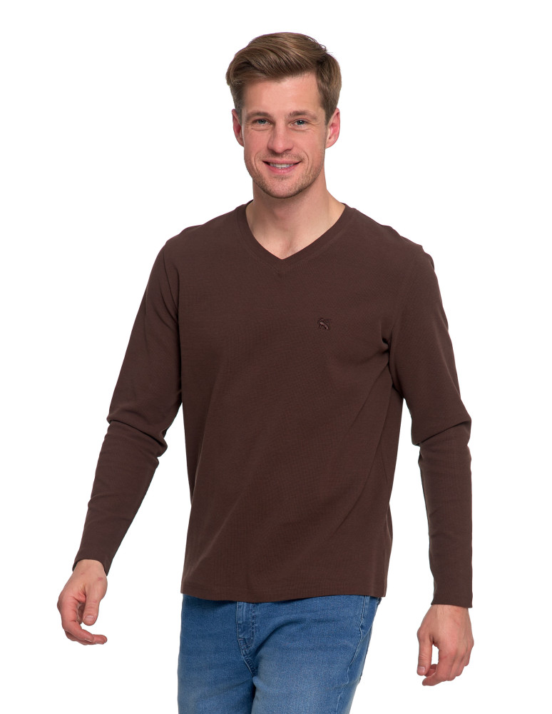 Koszulki, topy, koszule - Koszulka męska longsleeve z dekoltem w serek i haftem BRĄZOWY - produkt moraj.pl 4