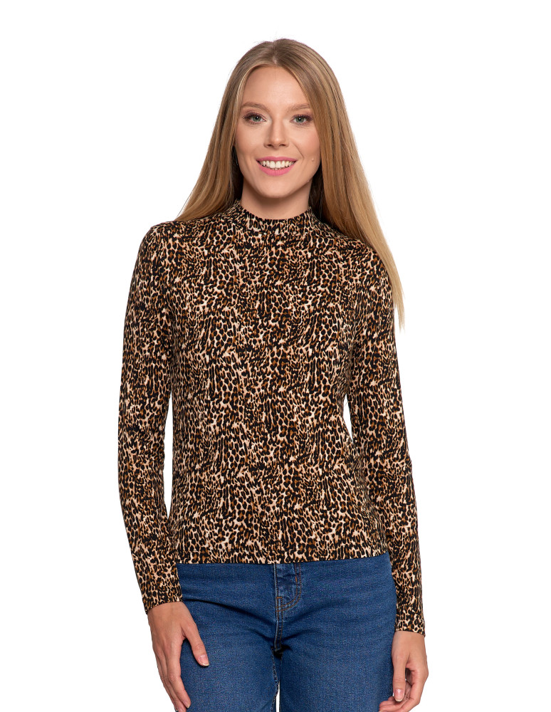 Bluzki i koszule - Damska bluzka z długim rękawem i stójką z wiskozy BRĄZOWY - produkt moraj.pl 2