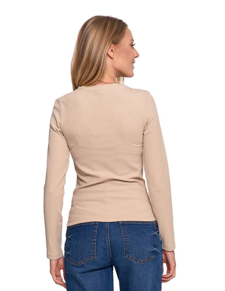 Bluzki i koszule - Bluzka damska prążkowana z długim rękawem KREMOWY  - produkt moraj.pl 2