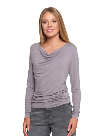 Bluzki i koszule - Bluzka damska z wiskozy z długim rękawem i dekoltem w łódkę SZARY - produkt 3