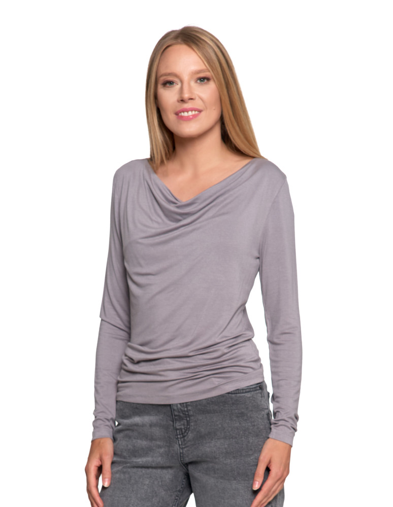Bluzki i koszule - Bluzka damska z wiskozy z długim rękawem i dekoltem w łódkę SZARY - produkt moraj.pl 3
