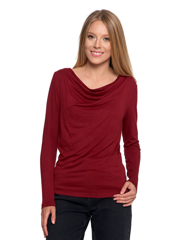 Bluzki i koszule - Bluzka damska z wiskozy z długim rękawem i dekoltem w łódkę CZERWONY - produkt moraj.pl 3