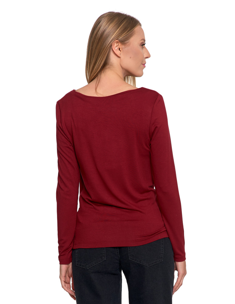 Bluzki i koszule - Bluzka damska z wiskozy z długim rękawem i dekoltem w łódkę CZERWONY - produkt moraj.pl 4