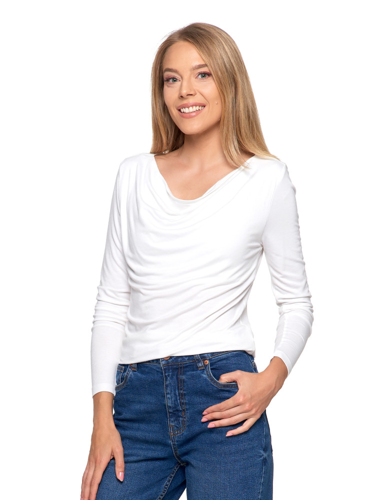 Bluzki i koszule - Bluzka damska z wiskozy z długim rękawem i dekoltem w łódkę BIAŁY - produkt moraj.pl 13