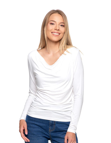 Bluzki i koszule - Bluzka damska z wiskozy z długim rękawem i dekoltem w łódkę BIAŁY - produkt 15
