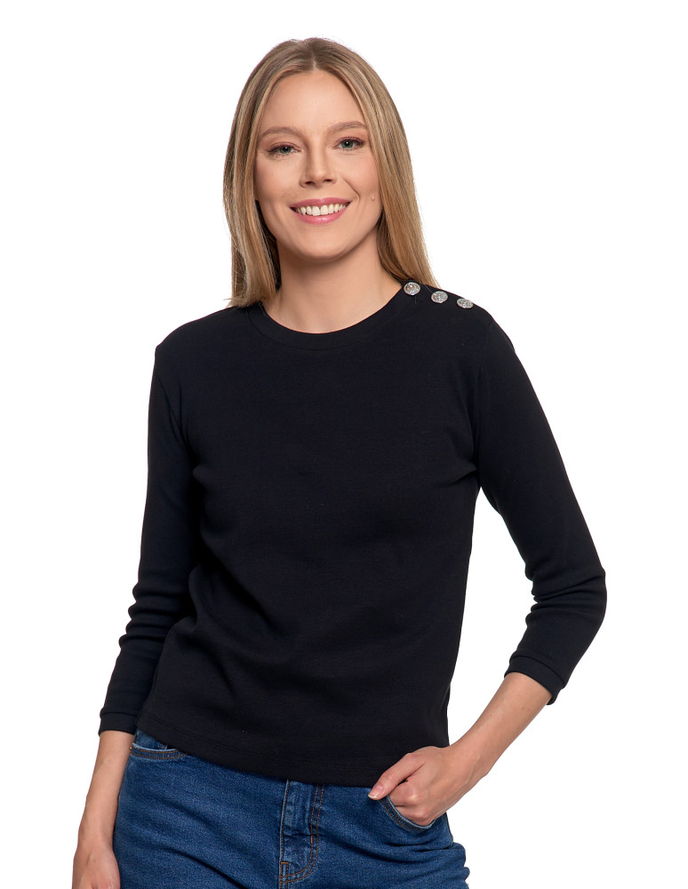 Bluzki i koszule - Bluzka damska bawełniana z rękawem 3/4 i guzikami CZARNY - produkt moraj.pl 2