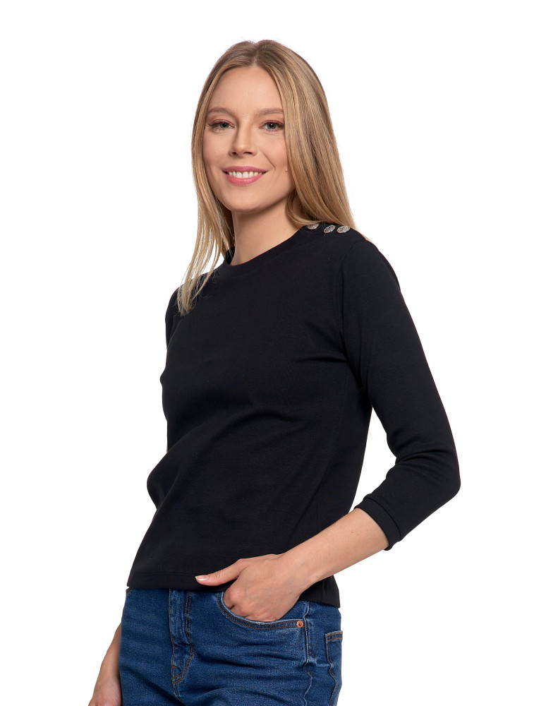 Bluzki i koszule - Bluzka damska bawełniana z rękawem 3/4 i guzikami CZARNY - produkt moraj.pl 4