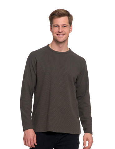 Koszulki, topy, koszule - Koszulka męska longsleeve ze strukturą i okrągłym KHAKI - produkt 1