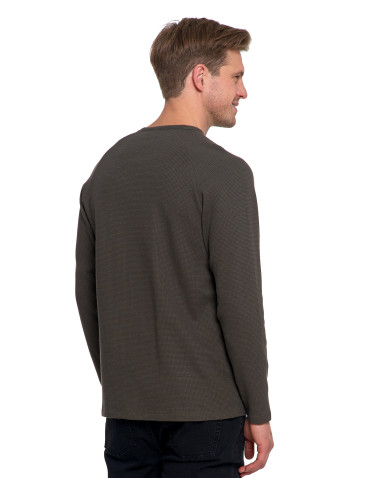 Koszulki, topy, koszule - Koszulka męska longsleeve ze strukturą i okrągłym KHAKI - produkt 3