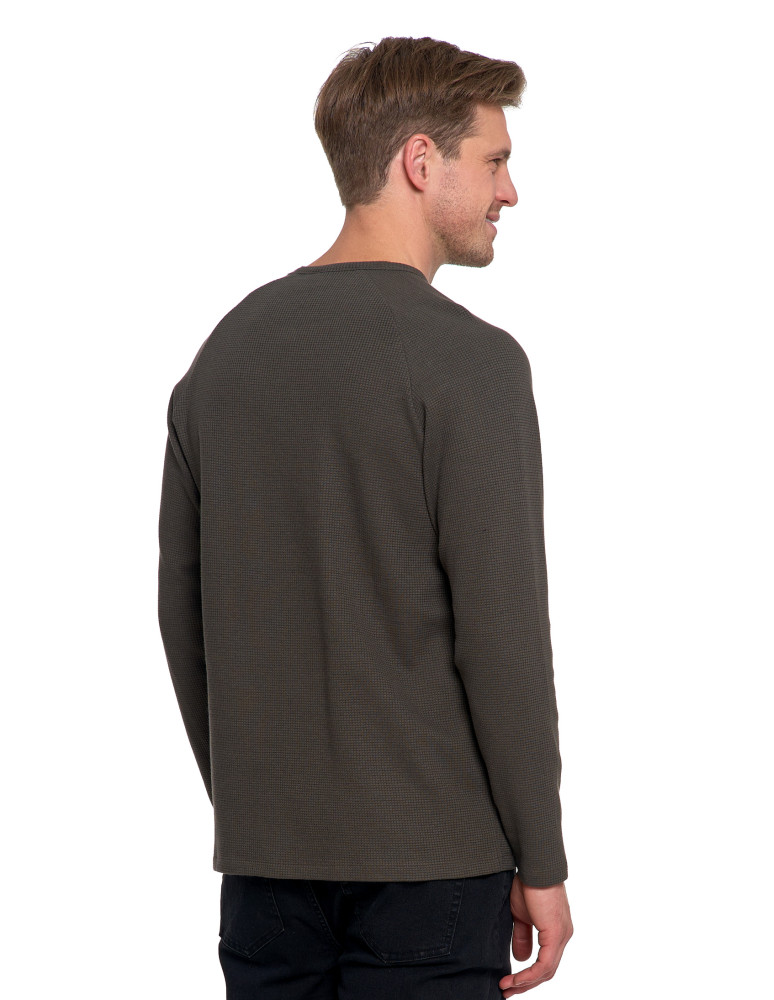Koszulki, topy, koszule - Koszulka męska longsleeve ze strukturą i okrągłym KHAKI - produkt moraj.pl 3