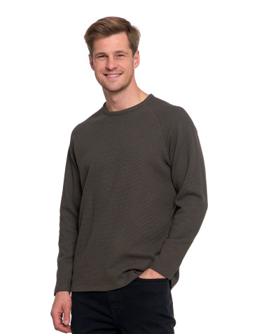 Koszulki, topy, koszule - Koszulka męska longsleeve ze strukturą i okrągłym KHAKI - produkt 4