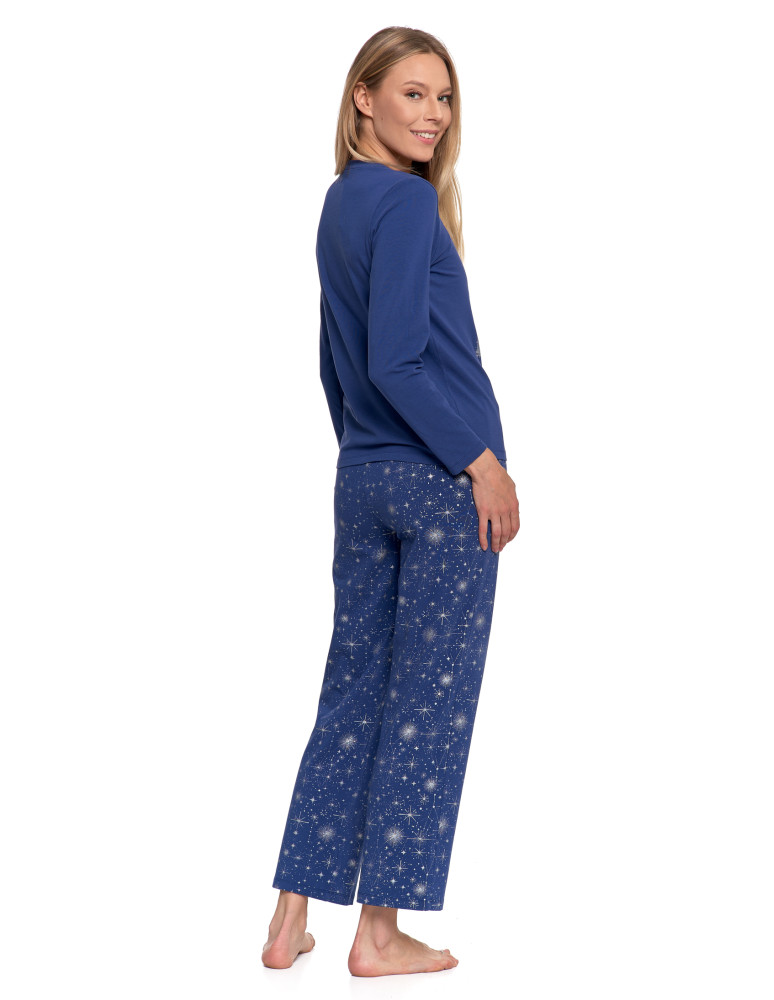 Długi rękaw - Piżama damska bawełniana z długim rękawem z motywem gwiazd GRANATOWY - produkt moraj.pl 2