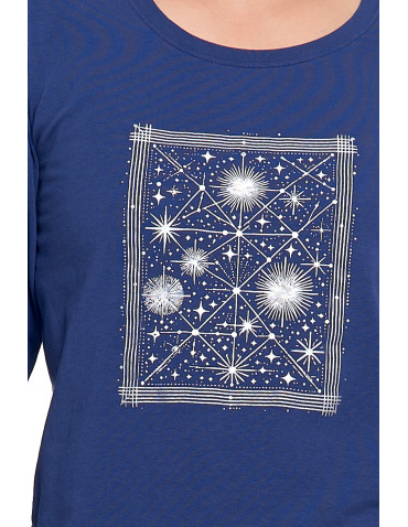 Długi rękaw - Piżama damska bawełniana z długim rękawem z motywem gwiazd GRANATOWY - produkt 3