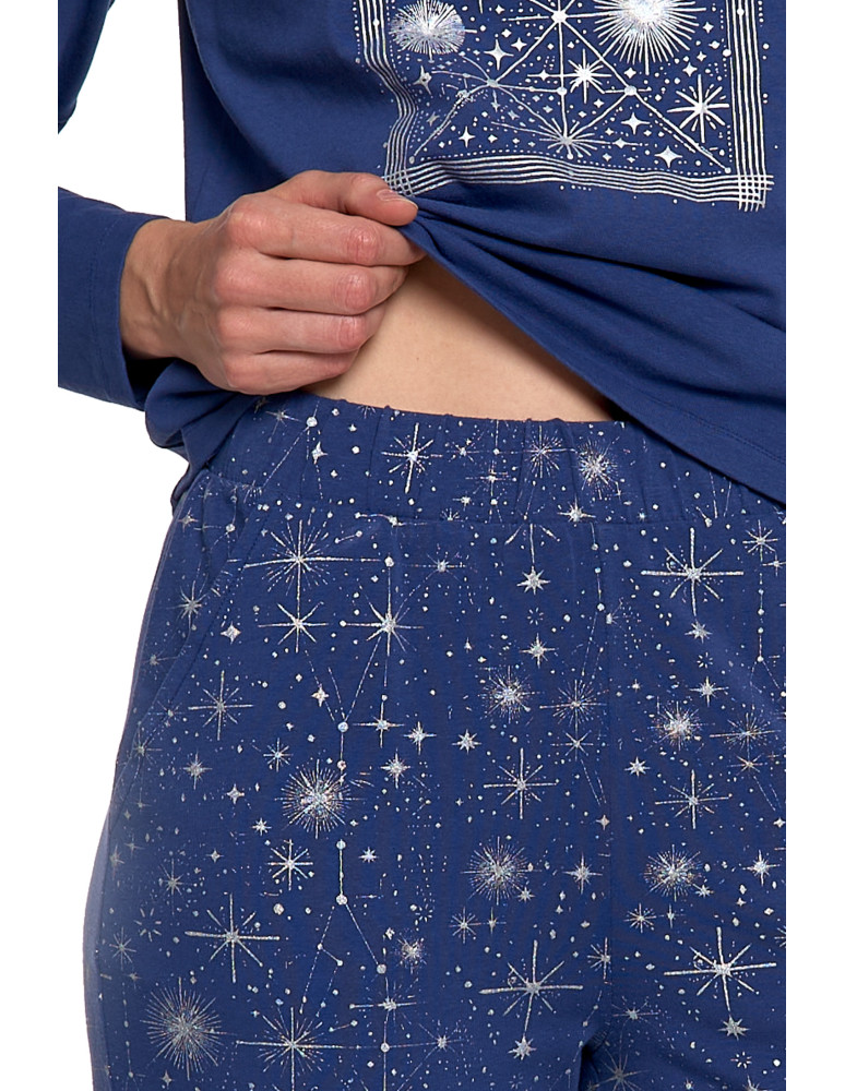 Długi rękaw - Piżama damska bawełniana z długim rękawem z motywem gwiazd GRANATOWY - produkt moraj.pl 4