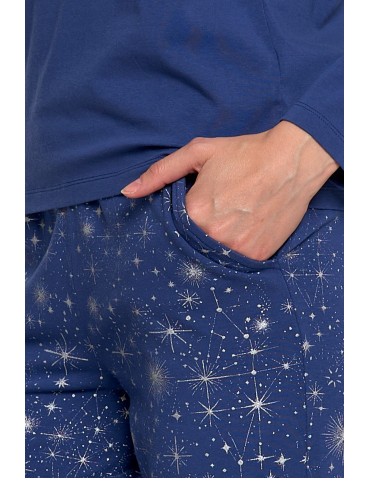 Długi rękaw - Piżama damska bawełniana z długim rękawem z motywem gwiazd GRANATOWY - produkt 5