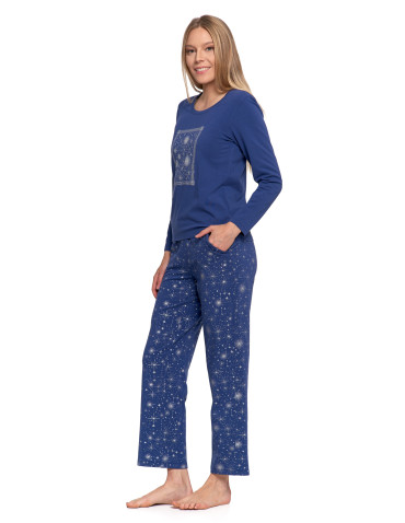 Długi rękaw - Piżama damska bawełniana z długim rękawem z motywem gwiazd GRANATOWY - produkt 6